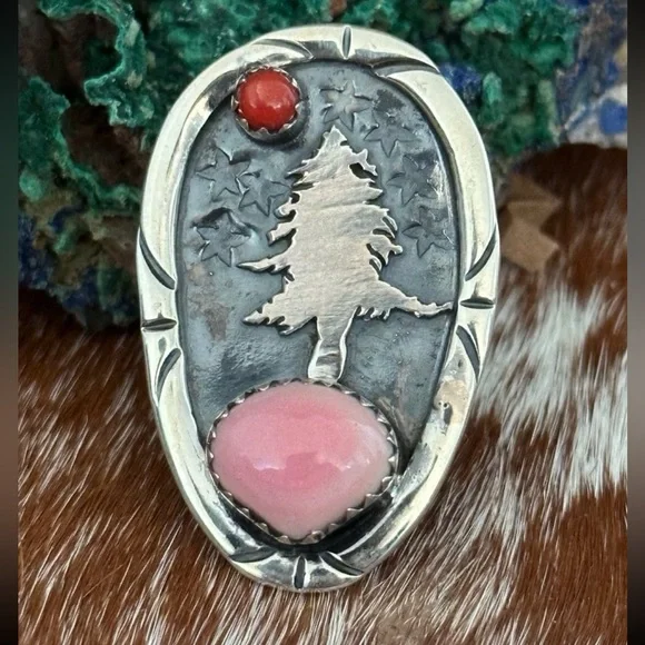 Pink conch coral tree country theme southwestern sterling silver ring